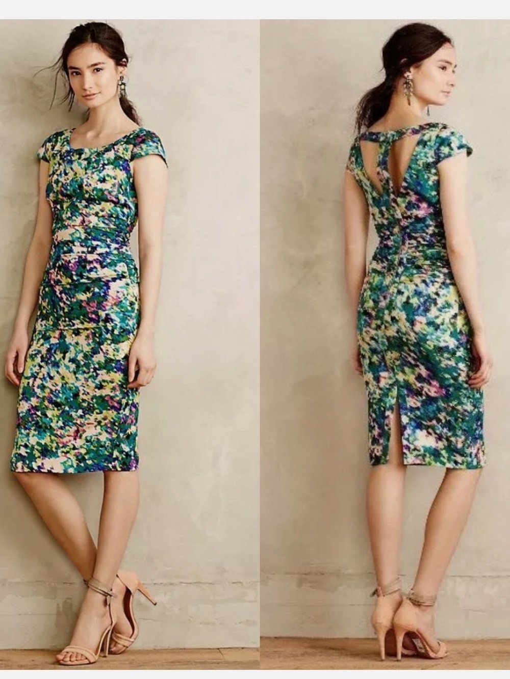 Tracy Reese Dappeled Oasis Multi Floral Silk Blend Cap-Sleeve Sheath Dress 10